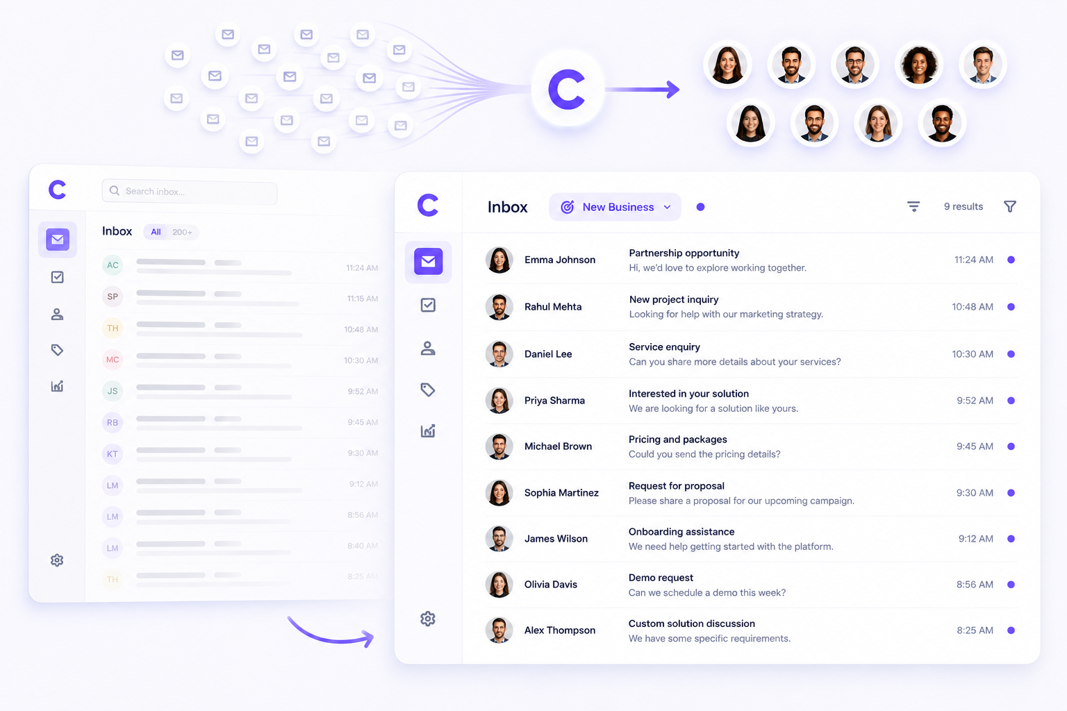 New business and client delivery arrive in the same place and look identical. This is the same inbox with one category selected.